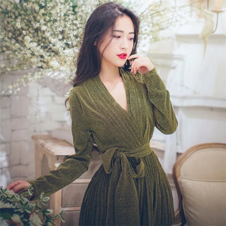 Tang vestidos платье с длинными рукавами Золотое блестящее платье макси из шелка с v-образным вырезом пояс на шнуровке плюс размер платье для женщин