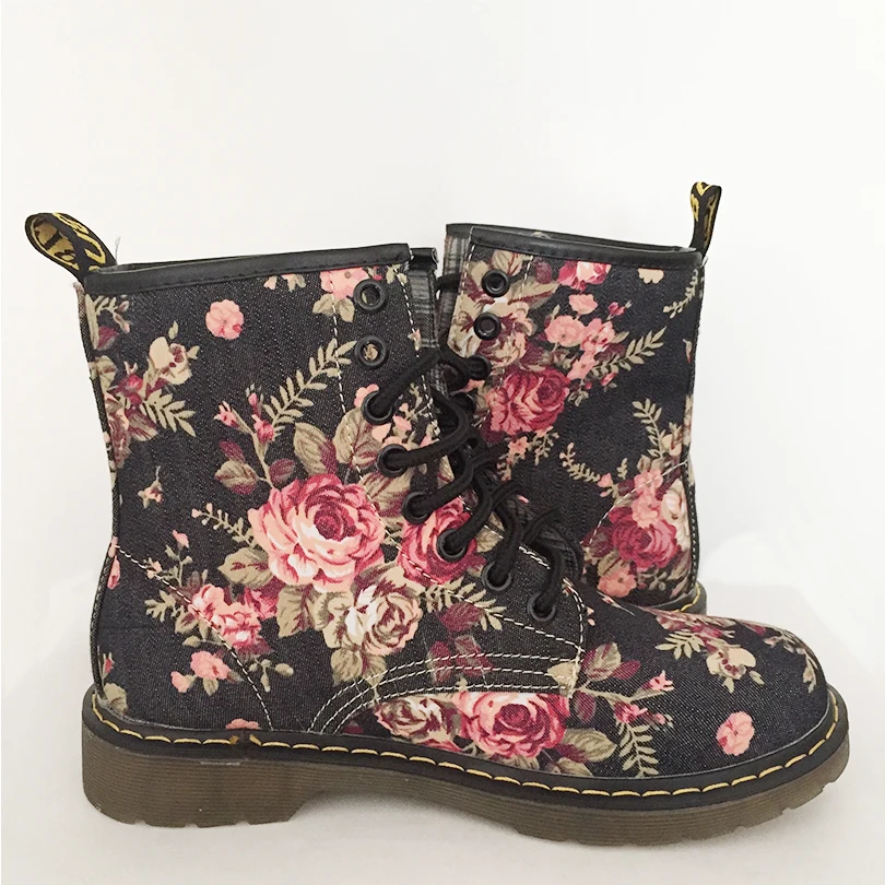 Винтажные парусиновые ботинки с цветочным принтом; сезон весна-осень; Модные женские ботильоны с круглым носком на низком каблуке; botas mujer