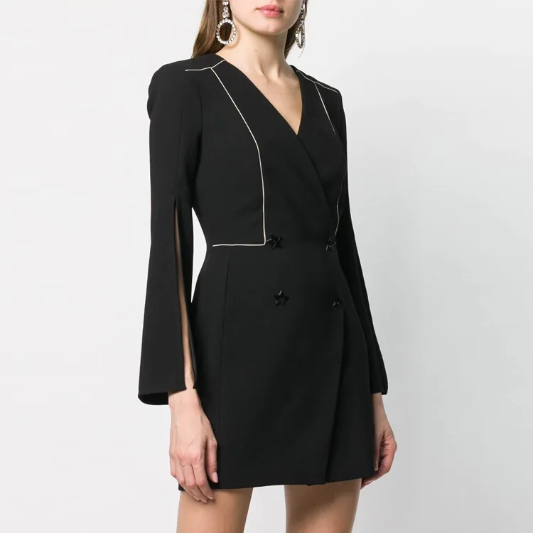 

New European and American OL Commuter Suit V-neck Long Sleeve Split Dress In Spring and Summer of 2019 Black Women Dress