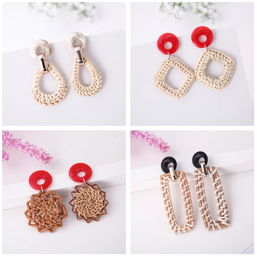 

Teamer Handmade Wooden Straw Weave Rattan Vine Braid Earrings Geometric Korean Long Drop Earrings Boho Statement Women Jewelry