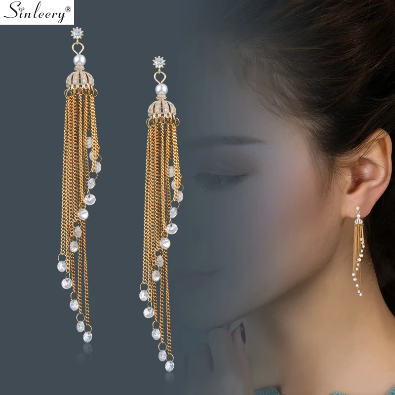

SINLEERY Gorgeous Round Cubic Zirconia Long Tassels Earrings Women Custom Earring Luxury Jewelry CZ075 SSH