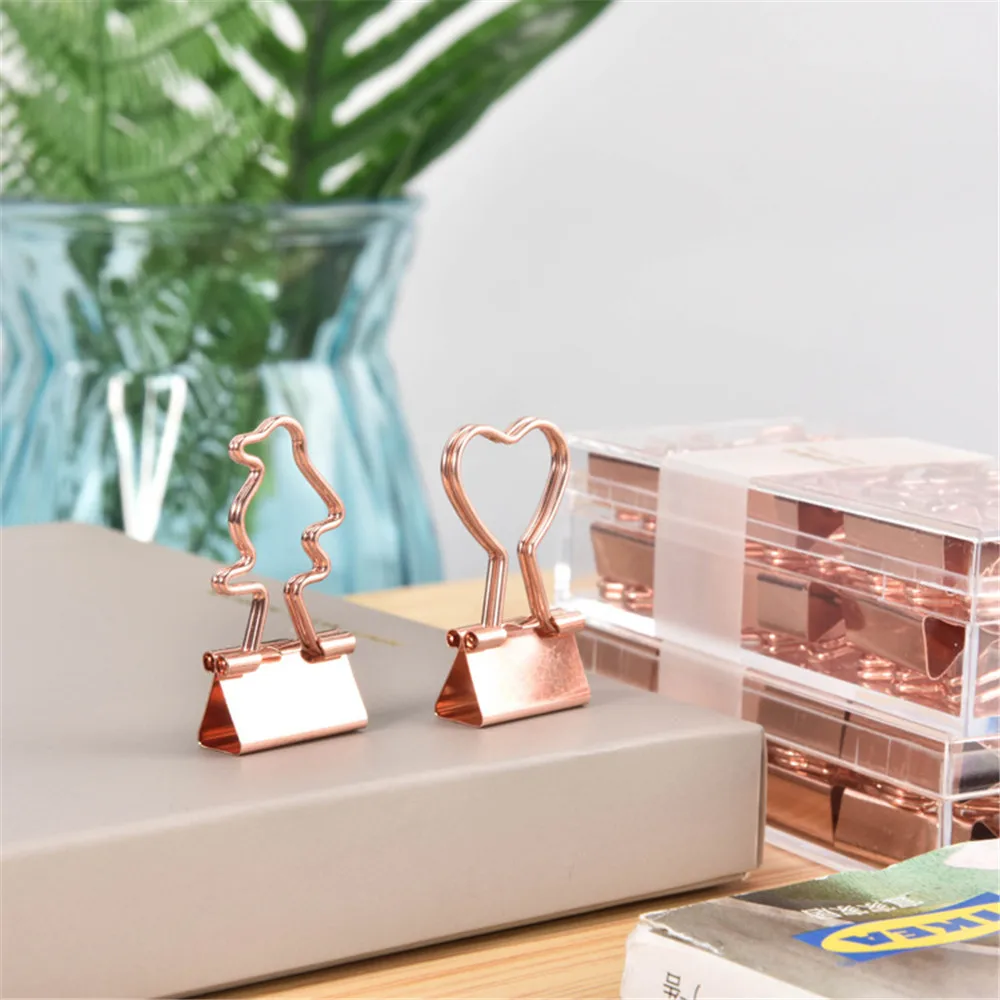 10pcs Cat Rose Gold Color Binder Clips Hollow Out Cactus Penguin Shape Metal Binder Clamps Photo Tickets Note Letter Paper Clips