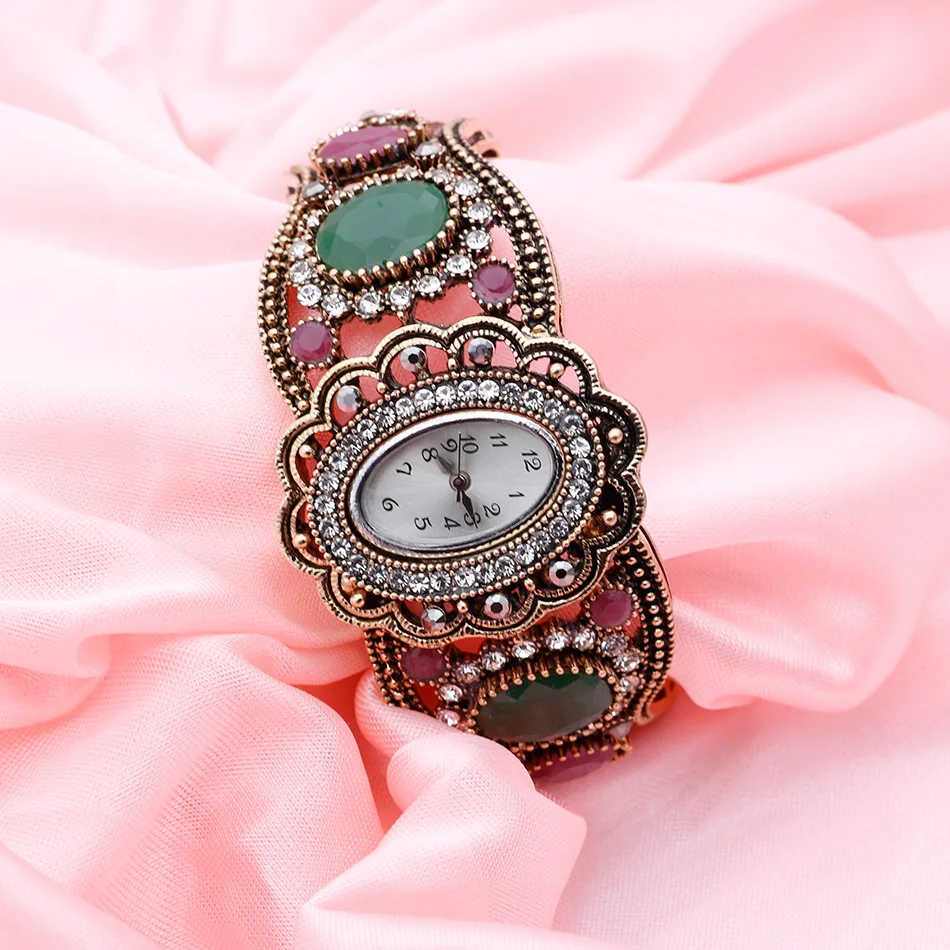 NEOVISSON кварцевые наручные часы Ретро Винтаж браслет манжеты часы для женщин античное золото цвет полые цветок индийские ювелирные изделия Серый Кристалл
