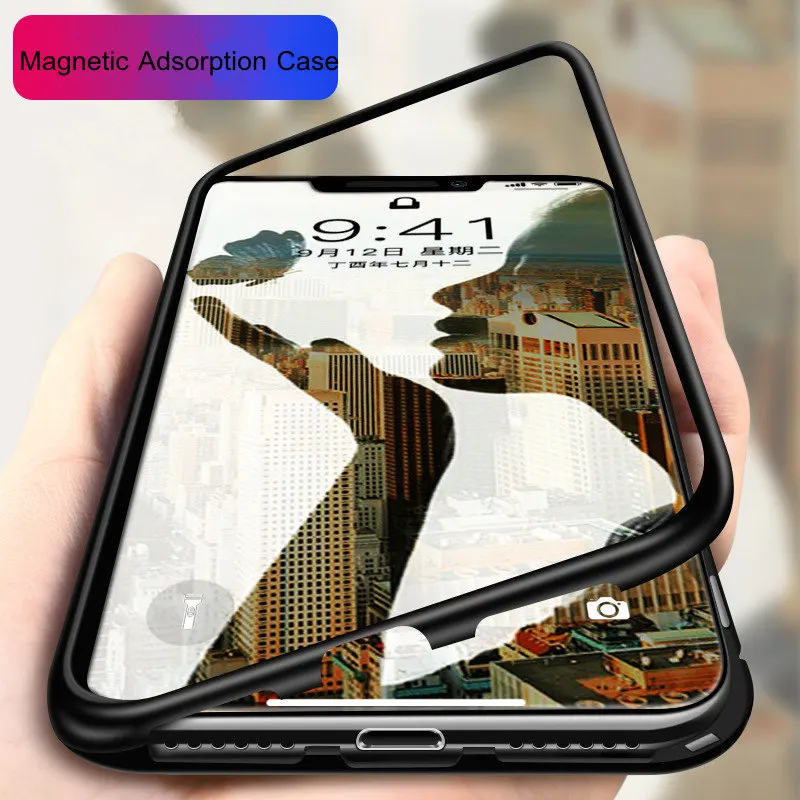 

Built-in Magnetic Case for iPhone X Clear Tempered Glass Magnet Adsorption Case for iPhone 8 7 Plus glass Back Cover bumper
