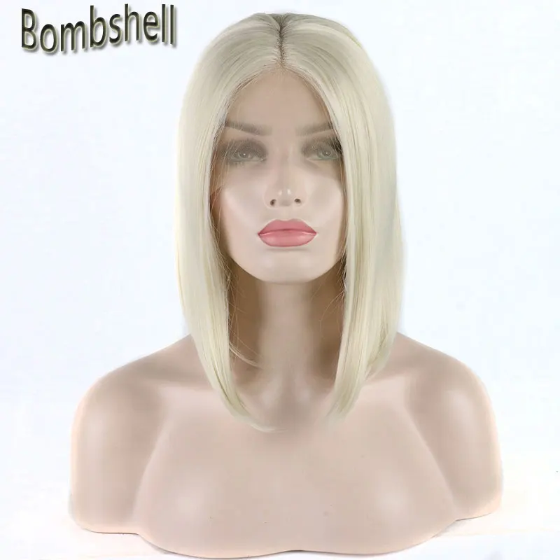 

Bombshell white blonde #60 color short bob synthetic lace front wig glueless natural hairline middle parting for white women Wig