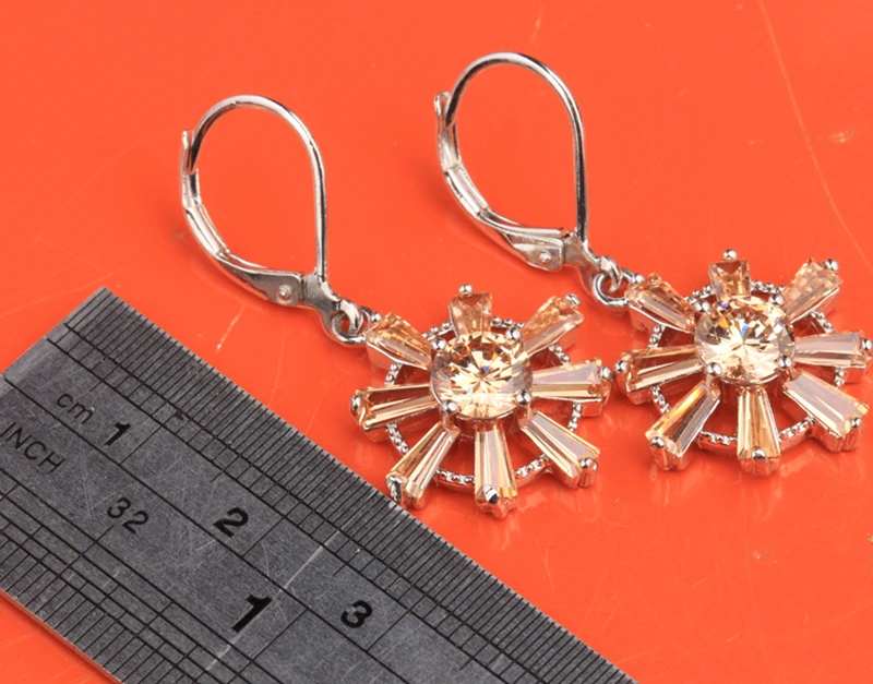 Solitaire Защита от солнца цветы шампанское коричневый/оранжевый Morganite стерлингового серебра 925 партия падение Длинные Висячие серьги для Для женщин S5473
