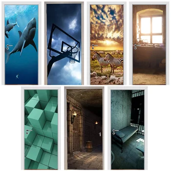 

3D Door Stickers Old Windowsill Retro Dungeon Basketball Stand Deep Sea Shark Prairie Zebra Block Home Decoration Paste 77x200cm