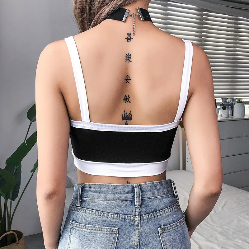 Black Sexy Strap Bralette Crop Top Activewear Contrast Color Letter Printed Cami Top Camisole Women Fitness Clothing