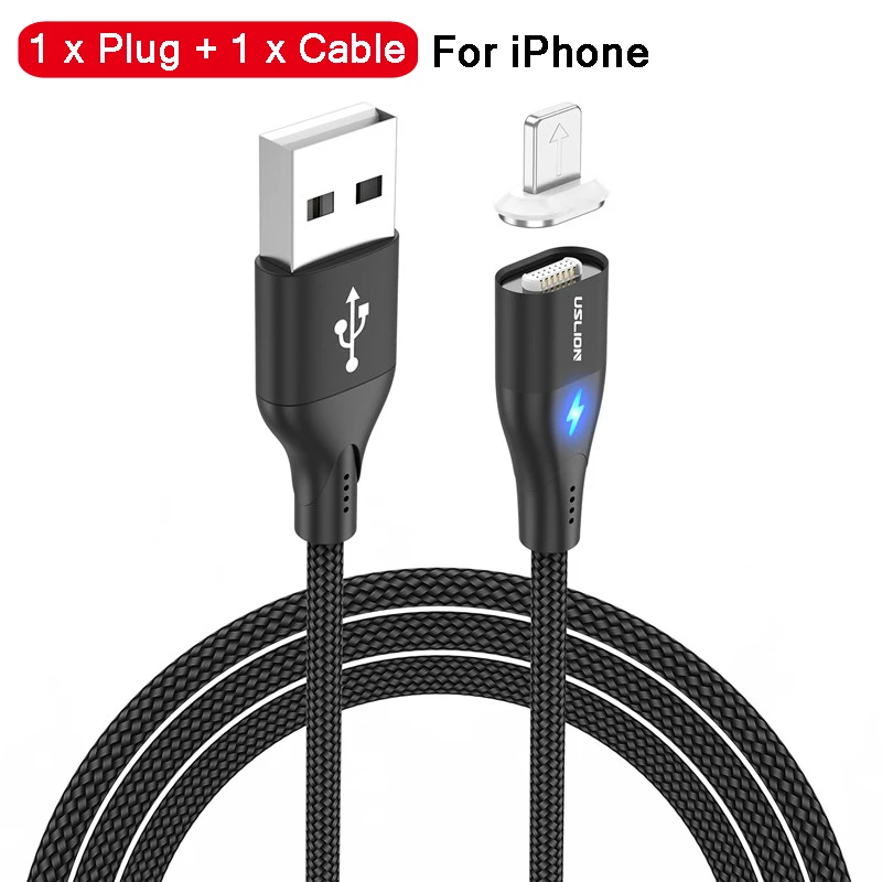 Магнитный кабель для быстрой зарядки USLION 1 м Micro usb type C для iPhone samsung Xiaomi 3A Micro usb type-C Магнитный кабель для зарядки и передачи данных - Цвет: Black For iPhone