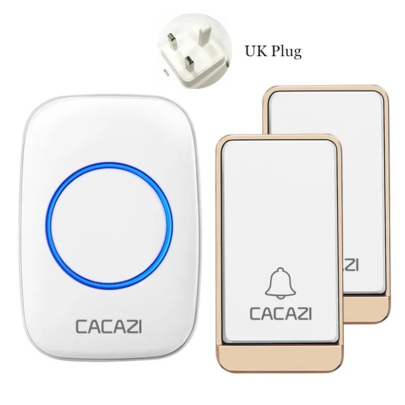 White 2x1 UK CACAZI без батареи Ruquired беспроводной водонепроницаемый дверной звонок светодиодный свет ЕС штекер автономный домашний дверной звонок 1 2 кнопки 1 2 приемника - Цвет: White 2x1 UK