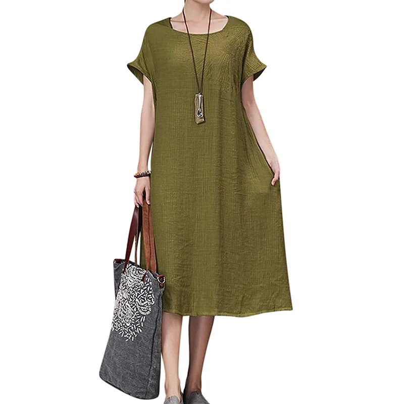Винтажные женские летние однотонные платья с коротким рукавом, льняное повседневное длинное платье-рубашка, свободное хлопковое облегающее платье с квадратным вырезом, Vestido 5XL - Цвет: Army Green