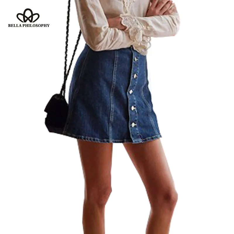 

Bella Philosophy 2016 spring summer new fashion European and American vintage button denim navy blue skirts real photo