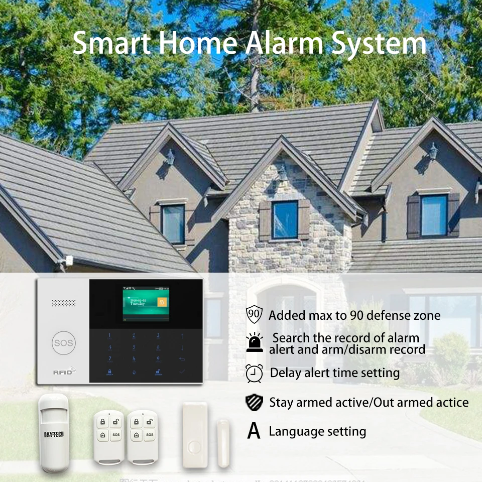 DAYTECH GSM WiFi Alarm System Security Home PIR Detector Door Sensor APP iOS/Android APP Control TFT Screen 8 Languages