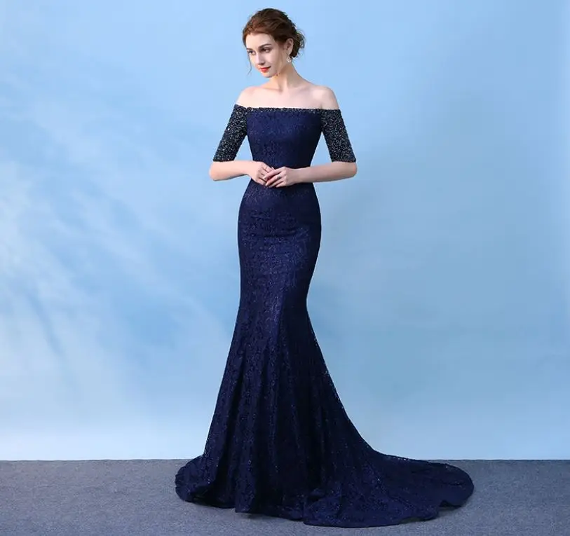 Robe de demoiselle d'honneur pour mariage Новое кружевное платье с открытыми плечами с короткими рукавами темно-синего цвета с русалочкой нарядное платье хвост - Цвет: navy blue