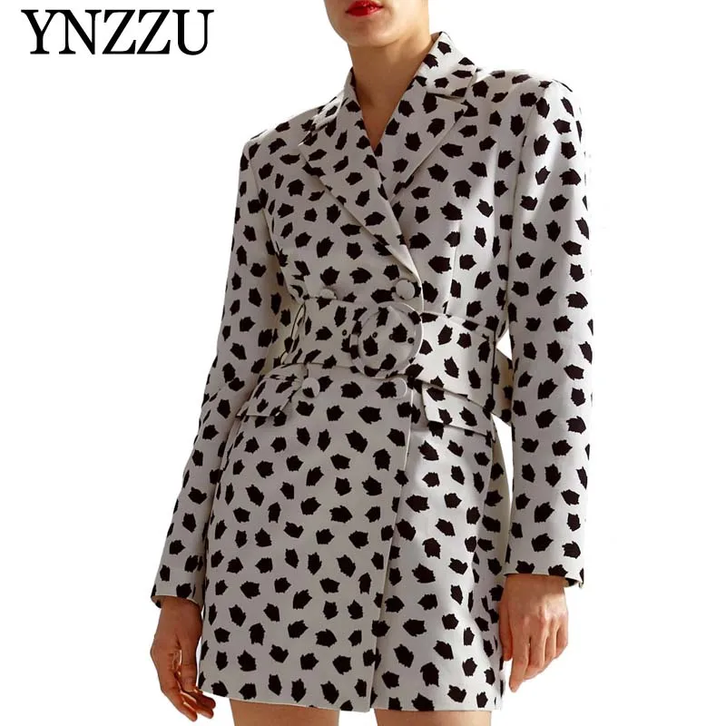

Elegant Double Breasted Print Blazer Dress Women OL Blazer Dresses 2019 Spring Bodycon Female Mini Dress Suit with Belt AO916