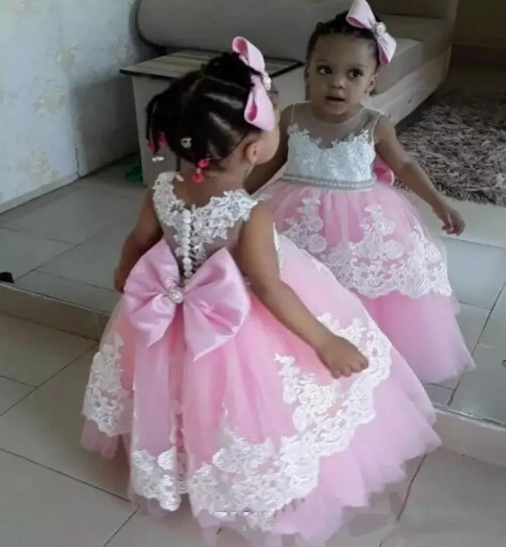 

New Cute White Lace Pink Fluffy Tulle Baby Girls Birthday Party Gown Ankle Length with Big Bow 2018 Flower Girl Dress Any Size