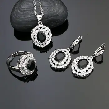 

Silver 925 Punk Jewelry Sets Black Cubic Zirconia White Crystal For Women Party Decoration Earrings/Rings/Pendant/Necklace Set