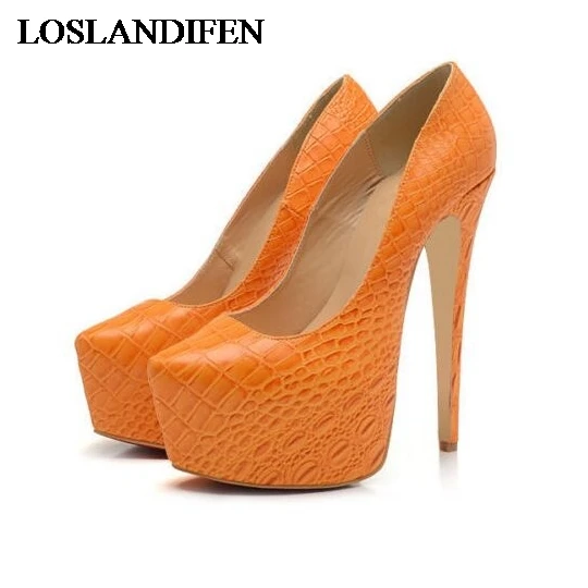 

Orange Black PU Leather Platform High Heel Pumps 14cm Thin Heels Banquet Shoes Serpentine Printing Women Pumps Shoes NLK-B0003