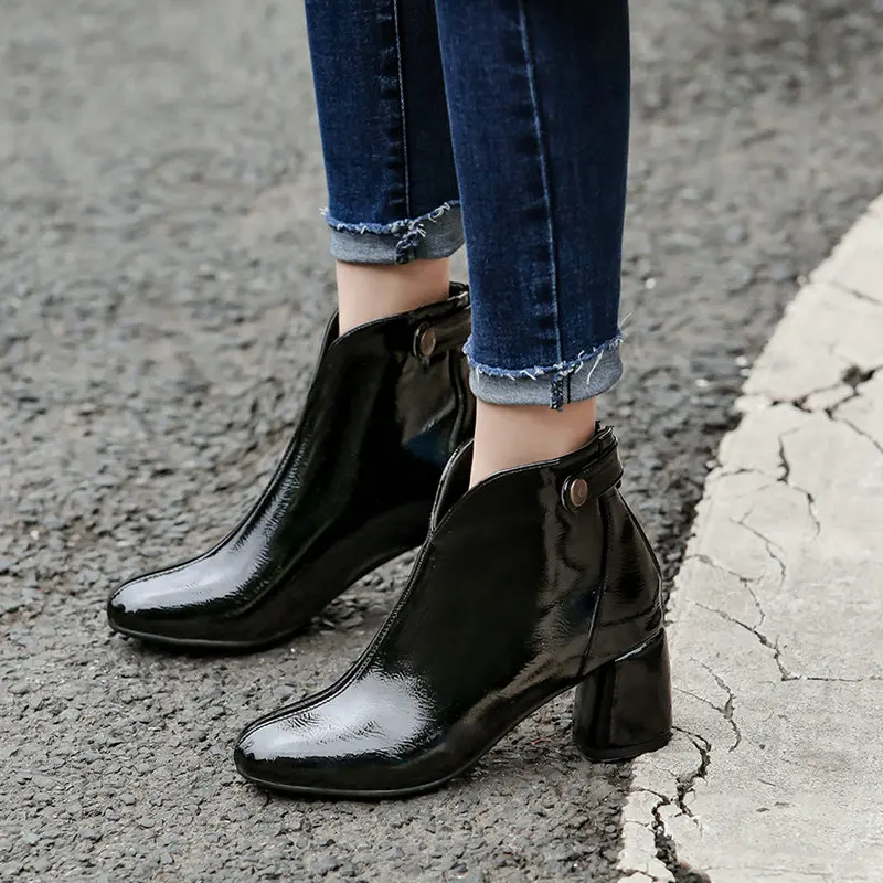 QUTAA/ г. Новые осенне-зимние ботинки на молнии модные ботильоны из лакированной кожи на толстом каблуке повседневная женская обувь с круглым носком размер 34-43