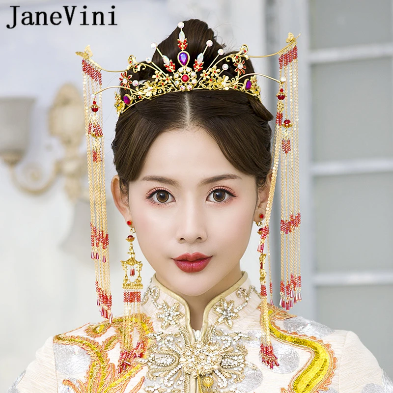 

JaneVini Luxury Chinese Bridal Headdress Beaded Ancient Red Hairpins Gold Long Tassels Women Wedding Jewelry Hair Accessories