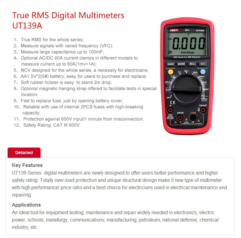 UNI-T UT139A True RMS цифровой мультиметр автоматический диапазон AC/DC ампер/Вольт Ом Тест er с удержанием данных, NCV и тест батареи