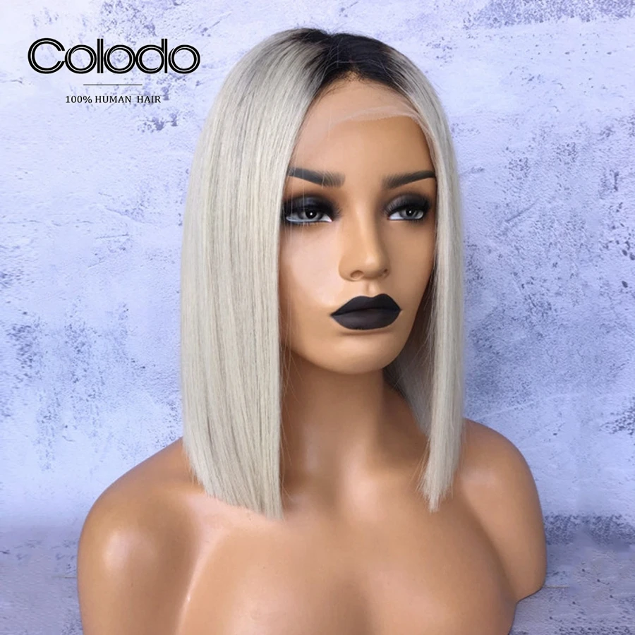 COLODO Ombre Platinum Blonde remy волосы на кружеве парик 1" серые прямые человеческие волосы парики 13x4 предварительно сорванные Бразильские короткие парики