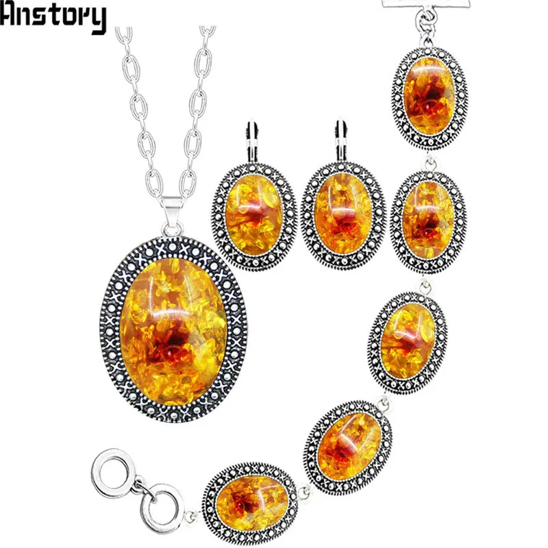 Oval Resin Flower Bead Necklace Earrings Bracelet Jewelry Set Vintage Look Antique Silver Plated Fashion Jewelry