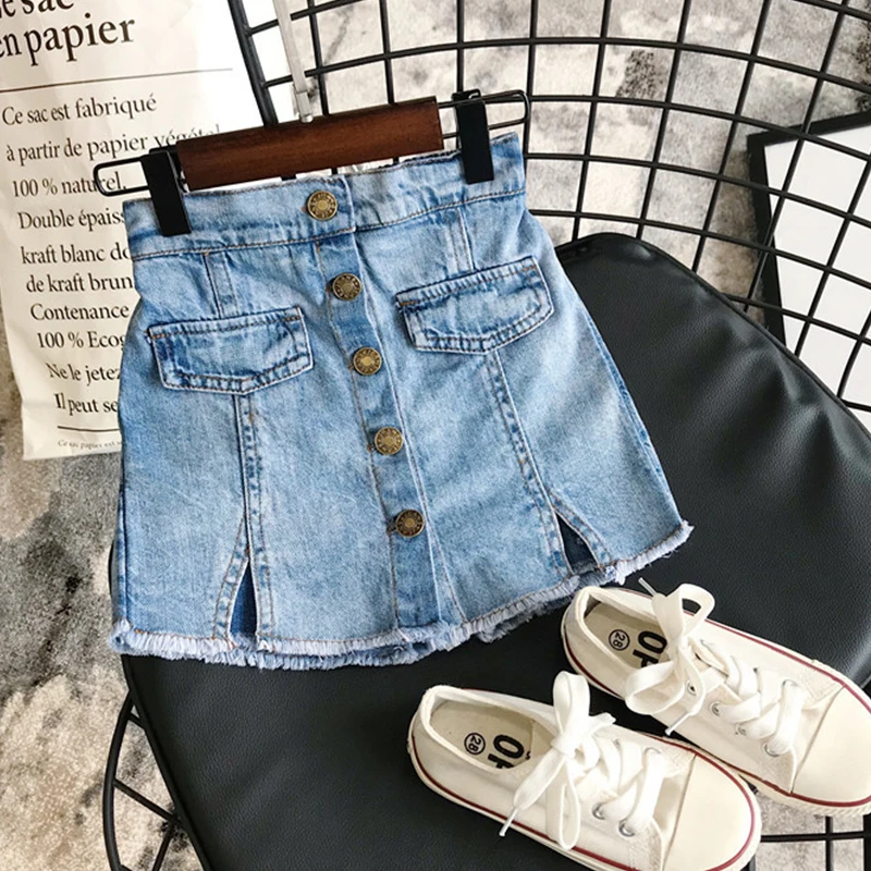 

Girl Skirts 2019 New Summer Style Adorable Children Denim Solid Color Button Jeans Girls Clothing 3-7Yrs Demin Culottes