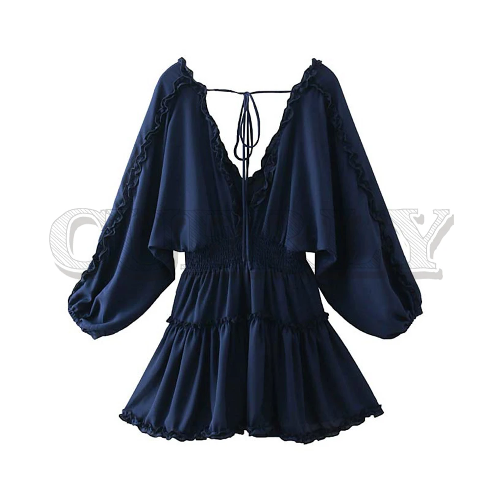 

CUERLY women stylish deep V neck chiffon mini dress back bow tie backless elastic waist female sexy party mini dresses