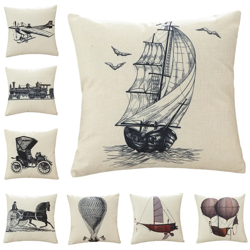 cheap 45x45cm Vintage Retro Sketch Boat Flight Printed Cushion Cover Linen Cotton Car Home Sofa Throw Pillow Case