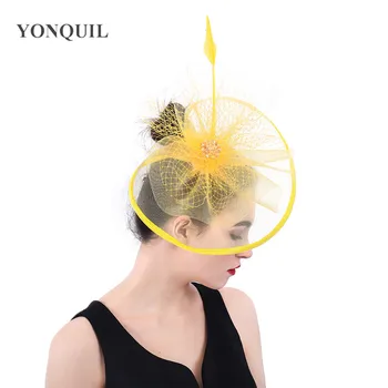 

Yellow tulle fashion headwear women elegant fascinator hat cocktail race headpiece for ladies formal mesh headwear hair pins