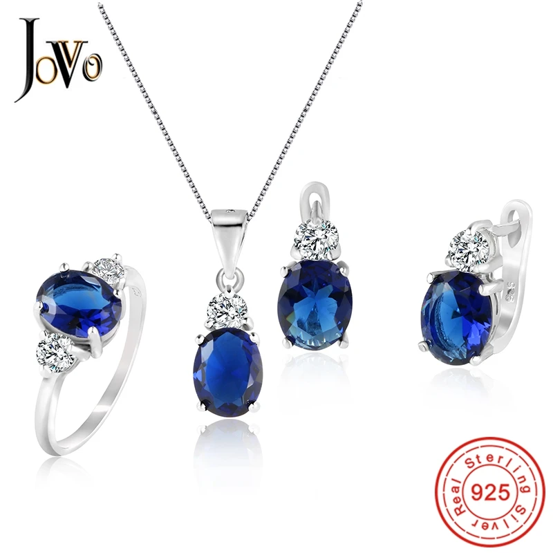 

JOVO 925 Sterling Silver Necklace and Stud Earrings rings Jewelry Sets for Women AAA Zircon Fashion party gift Gemstone Necklace