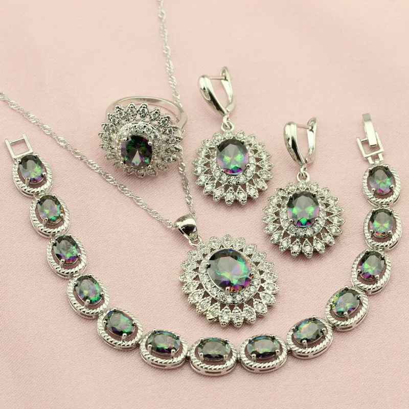 

Luxury Flower Multicolor Stone Silver Color Women Wedding Bridal Jewelry Sets Drop Earrings Bracelet Necklace Ring Free Gift Box
