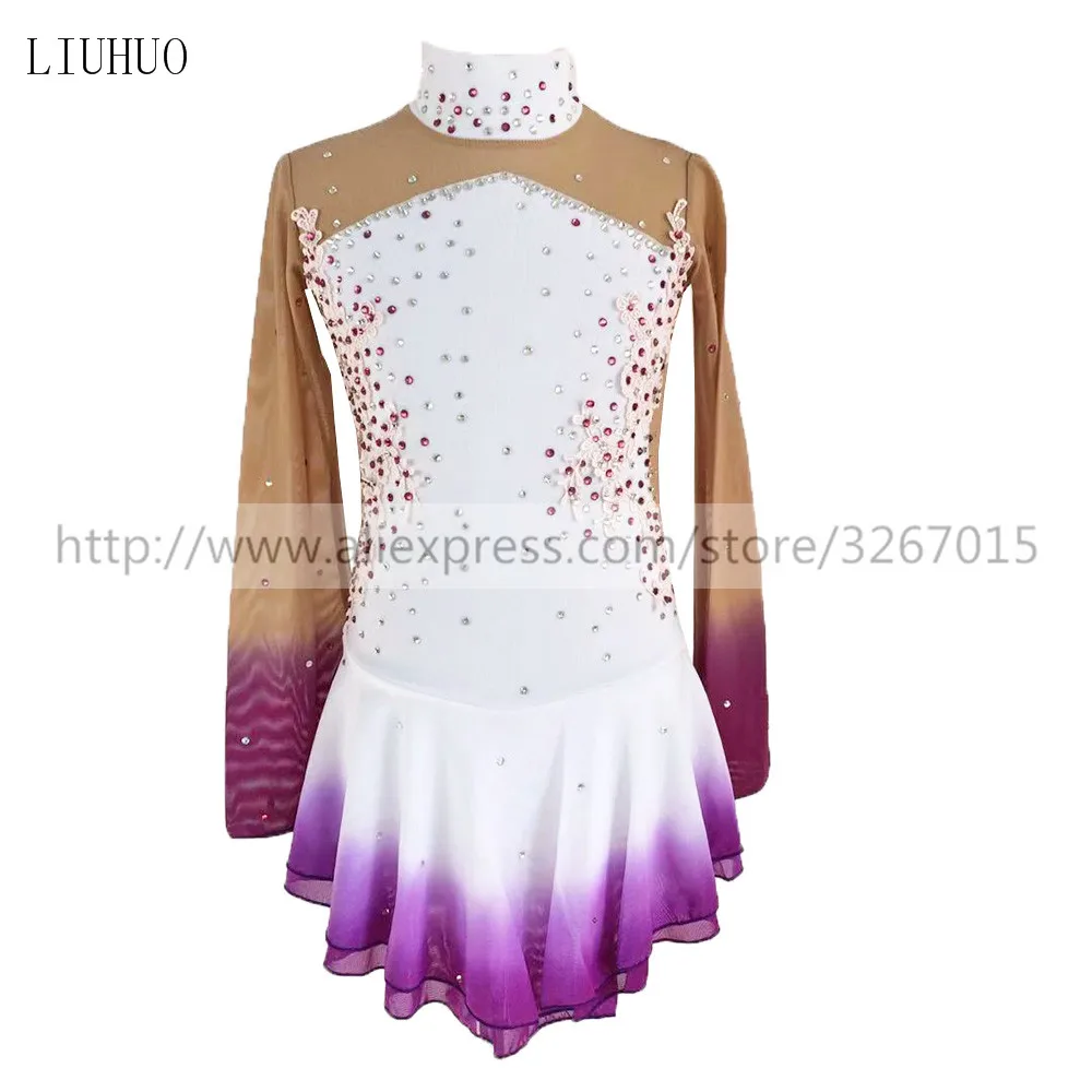 

Figure Skating Dress Child Women's Girls' Ice Skating Dress Kids Competition Standing collar Long sleeve White and purple