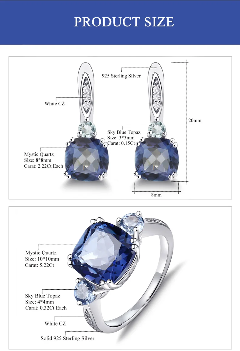 GEM'S BALLET 9.62ct натуральный IoliteBlue Мистический Кварц небо украшения с голубым топазом Набор 925 пробы серебряные серьги набор колец для женщин