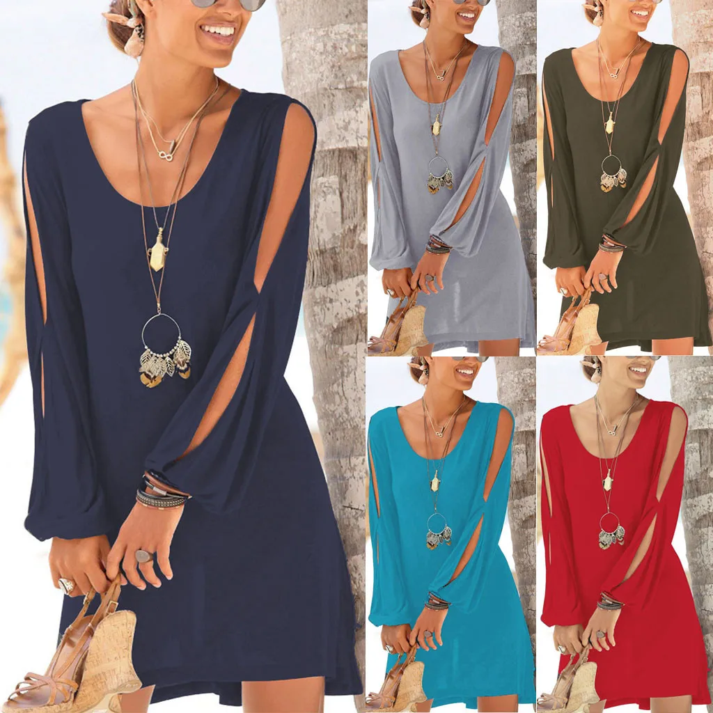 

Vestidos 2019 Women's Dresses Spring Summer Dress Fashion Women Casual O-Neck Hollow Out Sleeve Solid Beach Style Mini Dress