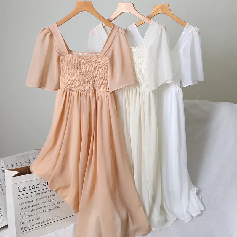 

2019 Women Summer Flare Sleeve Slash Neck Chiffon Ruffles Dress Casual A-line Elastic Slim High Waist Pullover Party Midi Dress