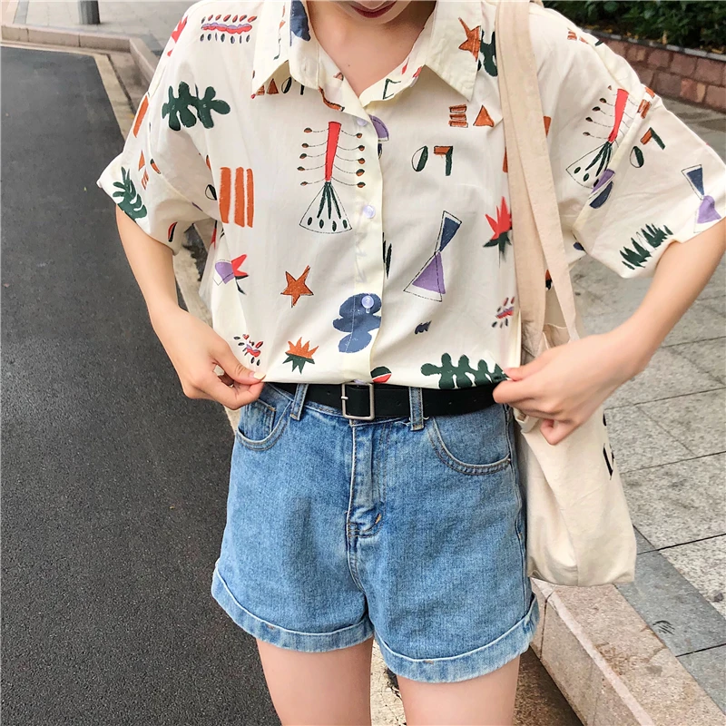 

College Style Casual Printed Short-sleeved Shirt Women's Shirts Kawaii Female Sweet Korean Harajuku Lovely Punk Tunic For Women