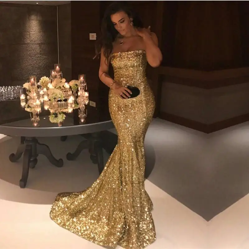 

Sparkle Gold Sequined Mermaid Prom Gowns Strapless Off Shoulder Sexy Long Formal Evening Party Dresses Lace Up Abendkleider