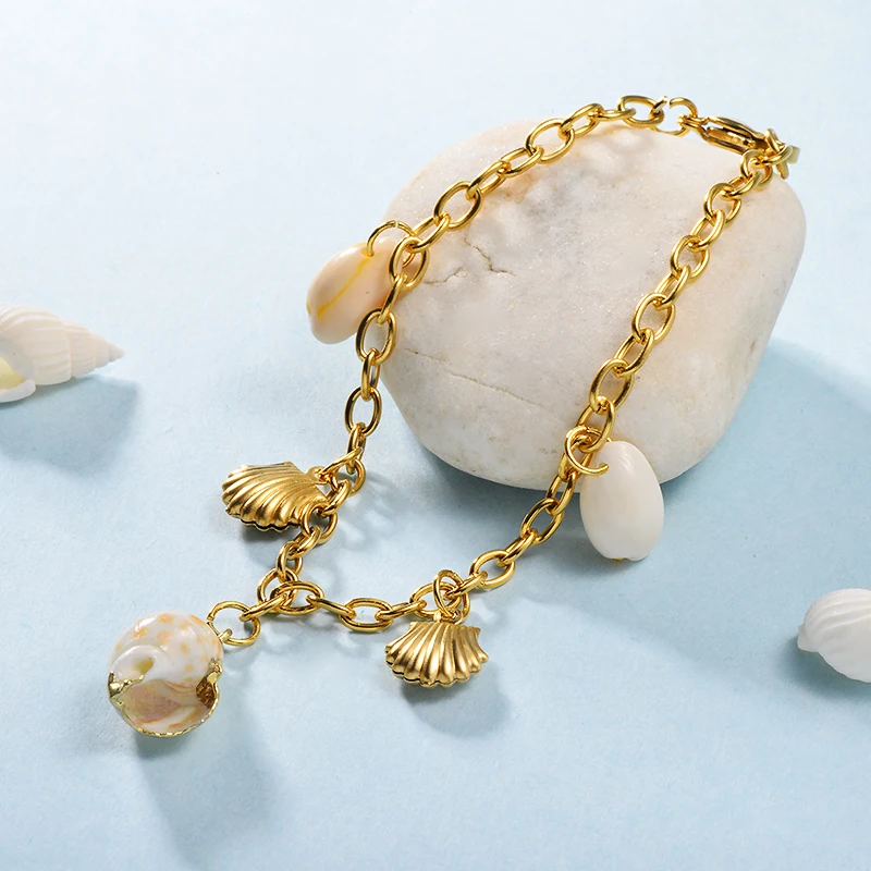 Baoyan позолоченные браслеты цепочки из нержавеющей стали Boho Cowrie Sea Shell браслет