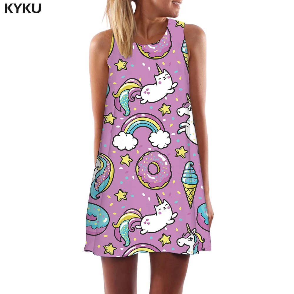 KYKU Brand Unicorn Dress Women Animal Office Rainbow 3d Print Harajuku Sundress Pink Vestido Sexy Womens Clothing Vintage Gothic