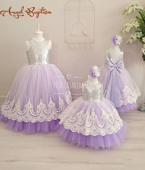 

Lilac tulle open back flower girl dresses with white lace and bow silver sequins kid tutu dress baby birthday party prom gown