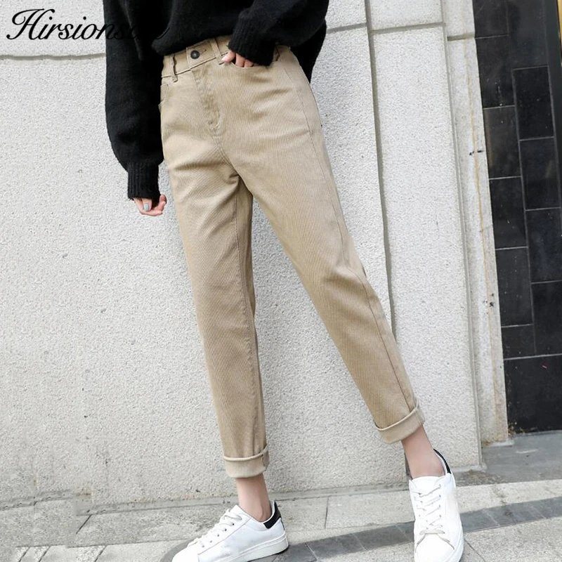 

Hirsionsan Jeans Woman 2019 Spring Korean Loose BF Style Denim Pants Vintage Khaki Ankle-Length Jeans Trousers New Fleece Jeans