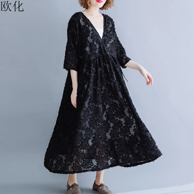 

Women Summer Plus Size Lace Robe Long Party Dress Big Size V Neck Big Swing Ladies Vintage Sundress Woman Loose Beach Dress 5XL