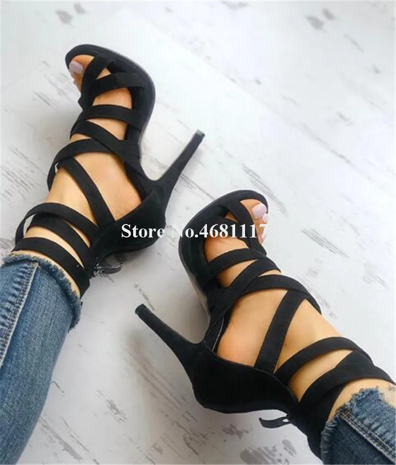 

Summer New Fashion Women Suede Leather Stiletto Heel Gladiator Sandals Strap Cross Black Back Zipper-up High Heel Sandals Heels