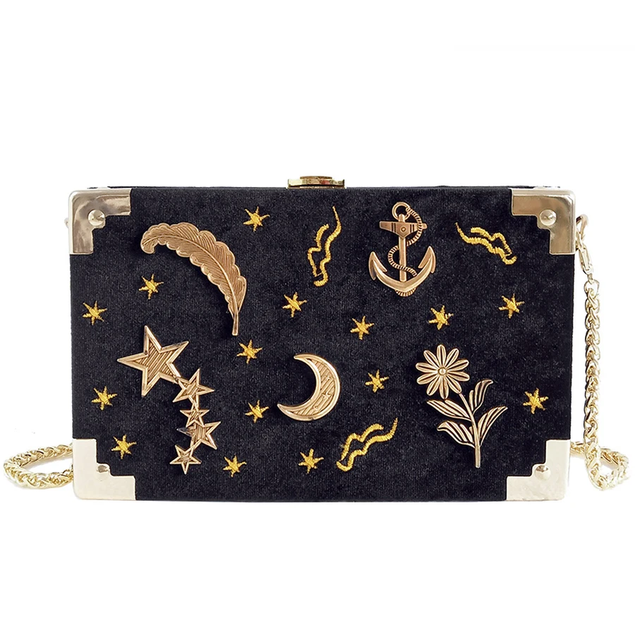 

Corduroy Metal Badge Box Shape Handbag Women's Black Party Clutch Bag Chain Purse Mini Shoulder Bag Crossbody Messenger Bags New