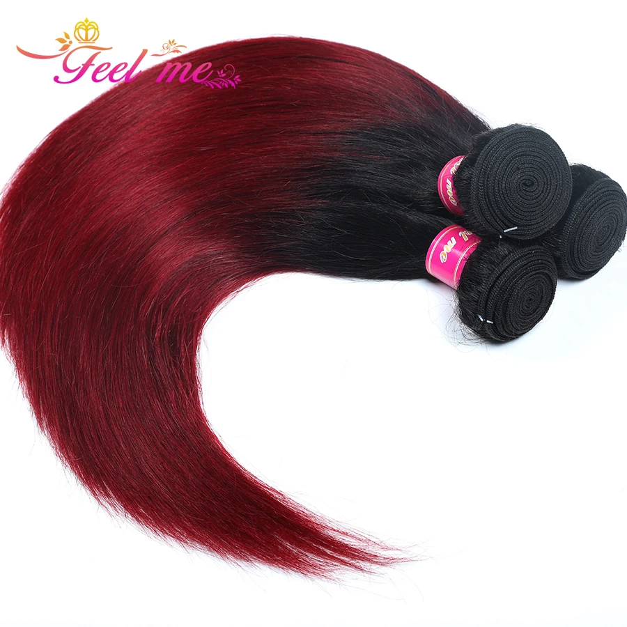 Feel Me Hair Straight Malaysian Hair Bundles Ombre Human Hair Extensions 1b/burgundy 3 Bundles red Hair Weave Non-remy