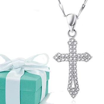

Cute Cross Pendant Necklace Insert Austrian Crystal, New Trendy Sterling Silver Women Fine Fashion Jewelry For Best Friend