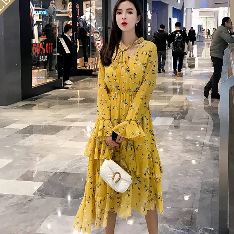 

BGTEEVER Casual Ruffles Floral Print Long Women Dress Elastic Waist Flare Sleeve Female Vestidos Women A-line Dress 2019