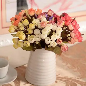 

Sweet Artificial Rosebud Bouquet Home Wedding Cloth Rose 15 Flowers on 1 Piece